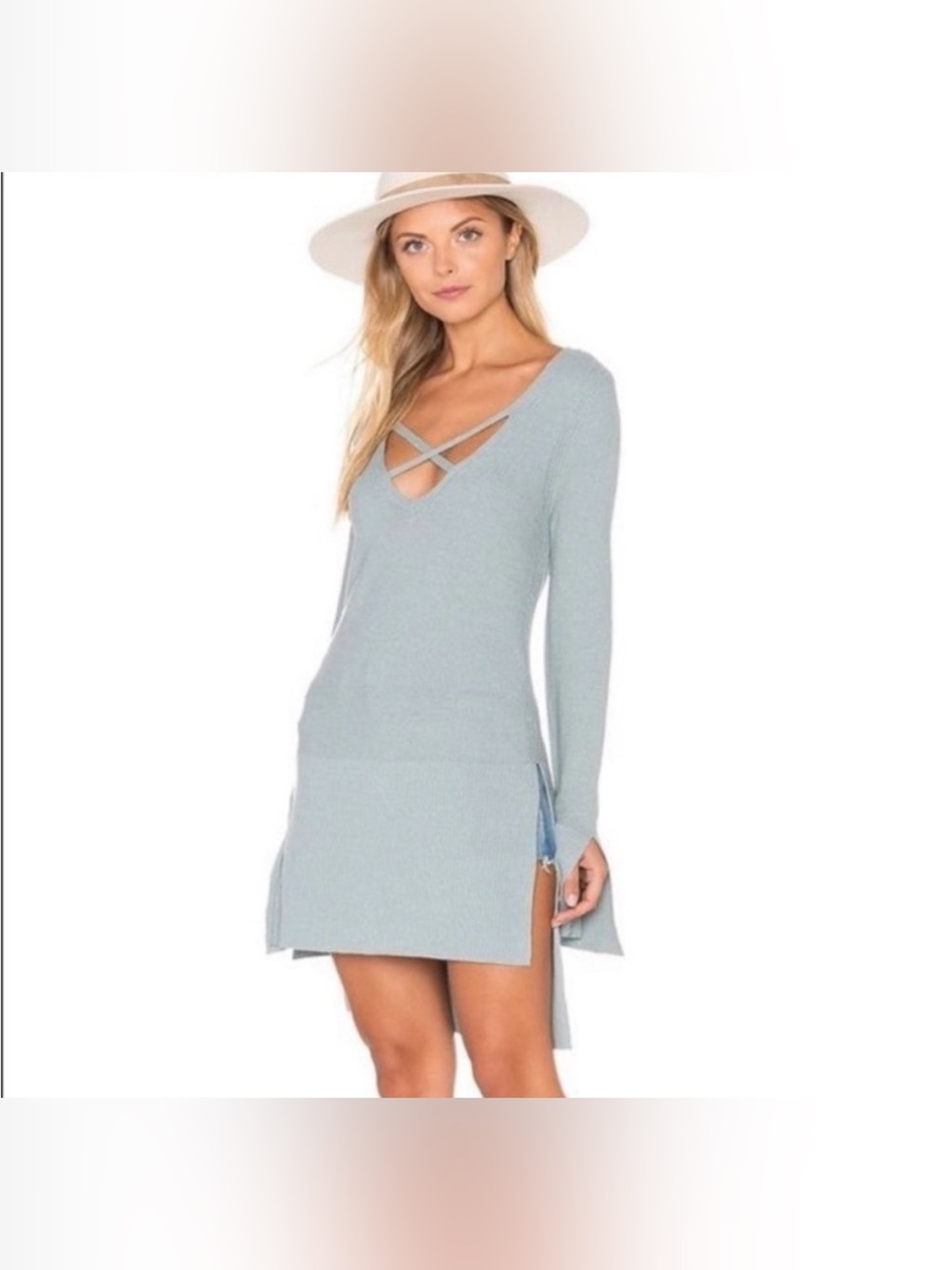Free People Waterfall V-Neck Mini Sweater Dress in Light Blue